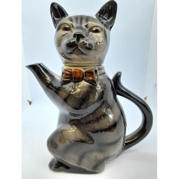 VINTAGE "FOOT" TONY WOOD STUDIO GREY/BLACK TABBY CAT TEA POT EUC - Picture 8 of 12